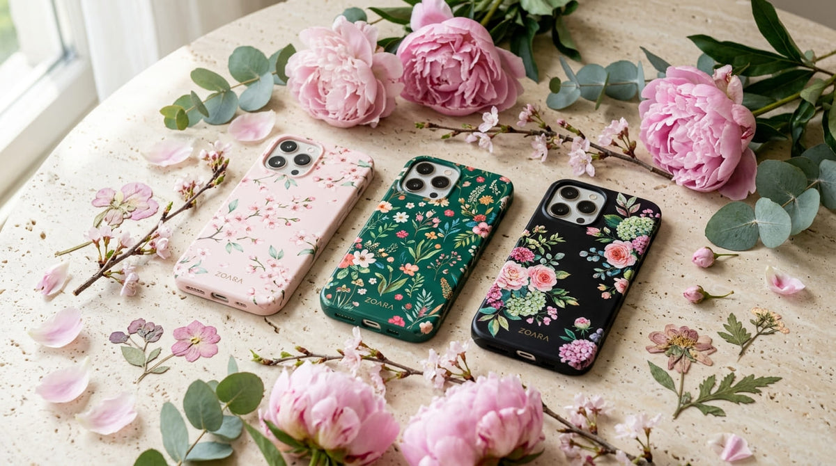 Handyhüllen von ZOARA mit Blumen in Rosa, Grün und Schwarz zwischen Pfingstrosen und Kirschblüten