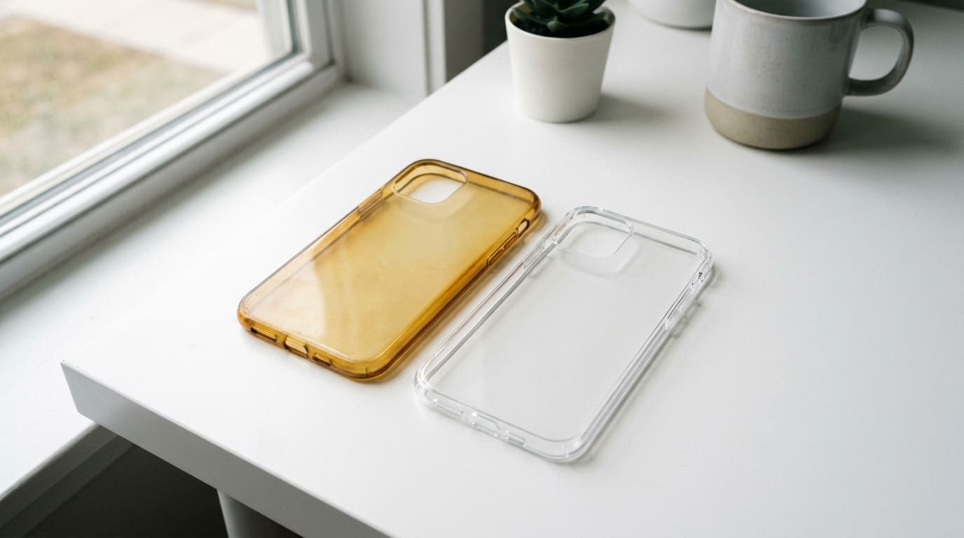 Vergilbte transparente Handyhülle im Vergleich zu einer neuen klaren Hülle
