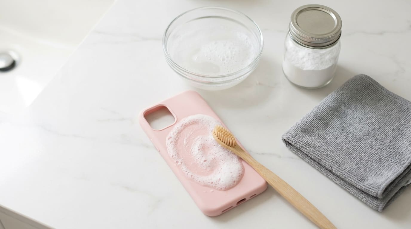 Handyhülle mit Zahnbürste und Seifenwasser reinigen, daneben Mikrofasertuch und Natron