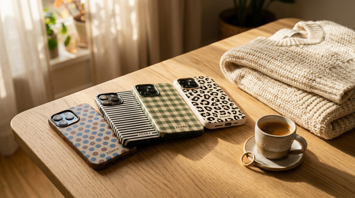 Handyhüllen von ZOARA mit Muster auf einem hellen Holztisch: Punkte, Streifen, Karo und Leopard