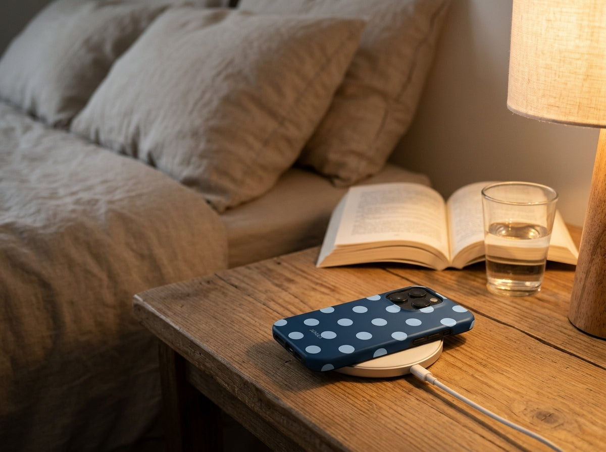 Handy in der ZOARA Midnight Sky MagSafe-Hülle lädt kabellos auf einem runden Ladepad auf dem Nachttisch