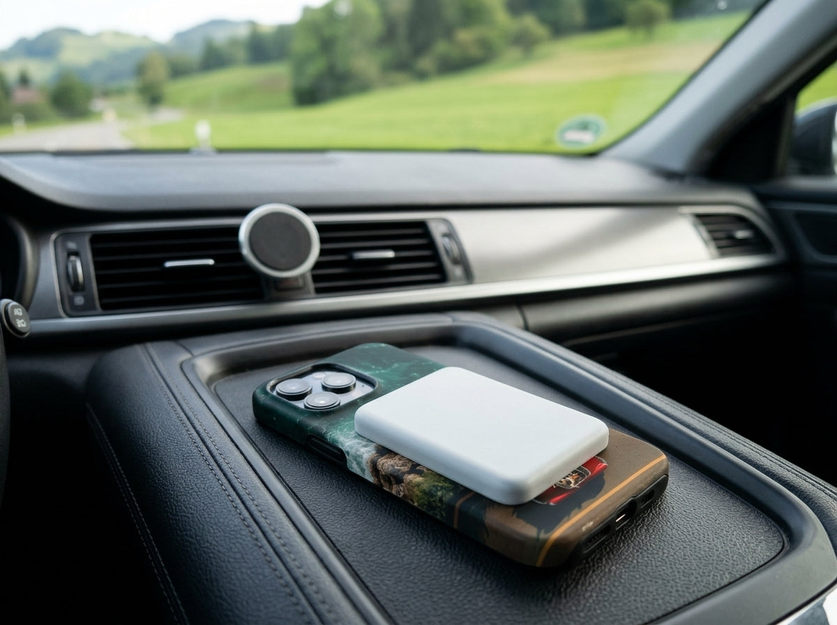 Handy in der ZOARA Coast Drive Hülle mit magnetischer Powerbank in der Mittelkonsole, dahinter eine Halterung an der Lüftung