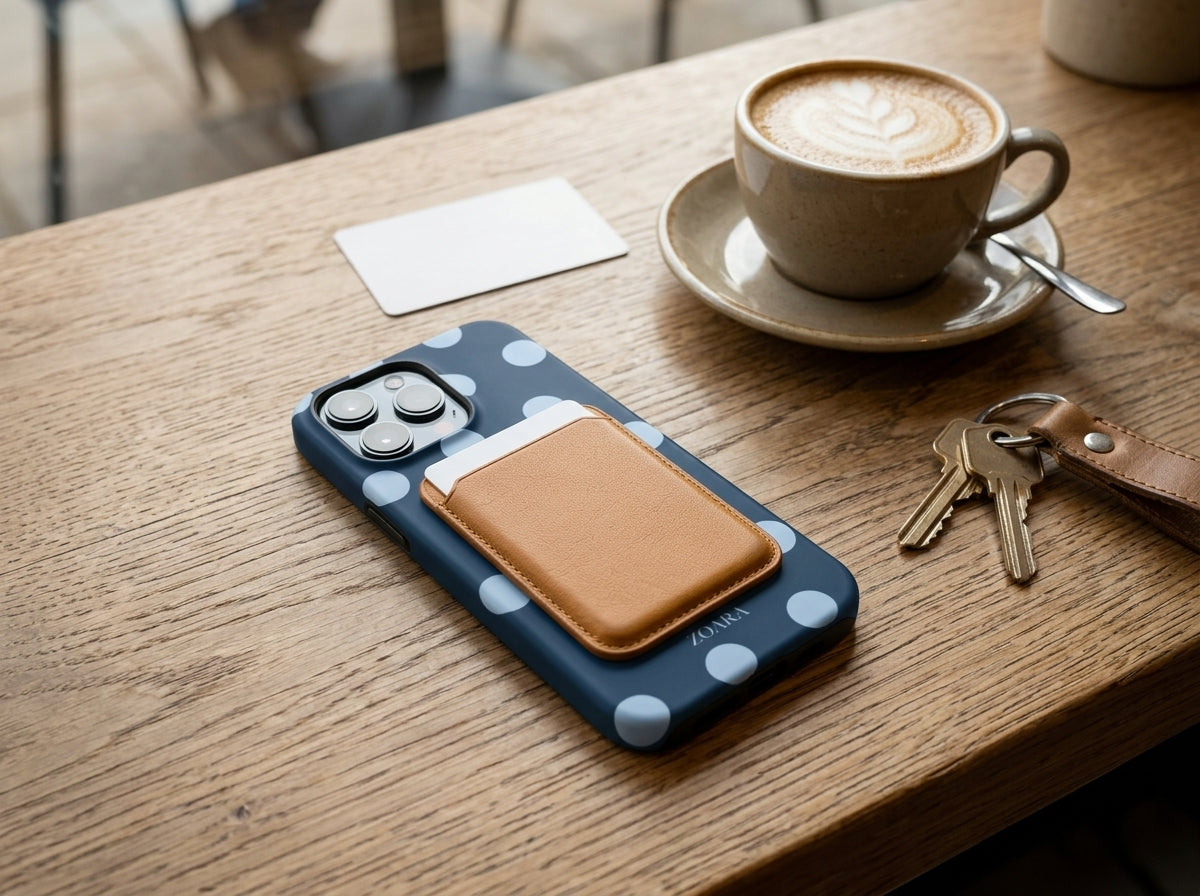 iPhone in der blauen ZOARA Midnight Sky MagSafe-Hülle mit brauner Leder-Wallet und Karten auf einem Holztisch
