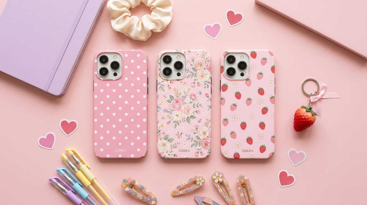 Süsse rosa Handyhüllen für Mädchen von ZOARA mit Punkten, Blüten und Erdbeeren